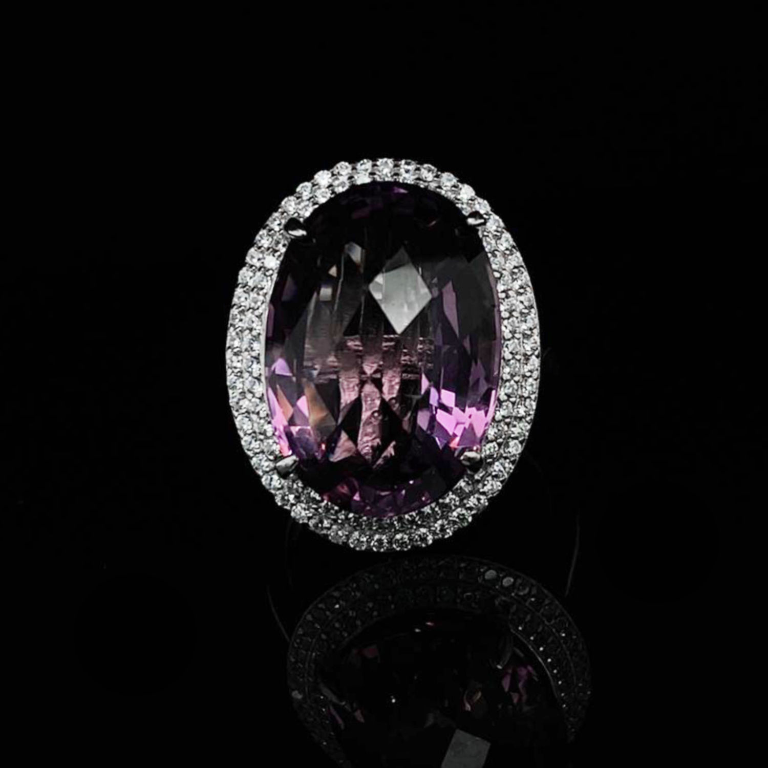 Oval Cut Amethyst and Cubic Zirconia Double Halo Cocktail Ring in White Gold