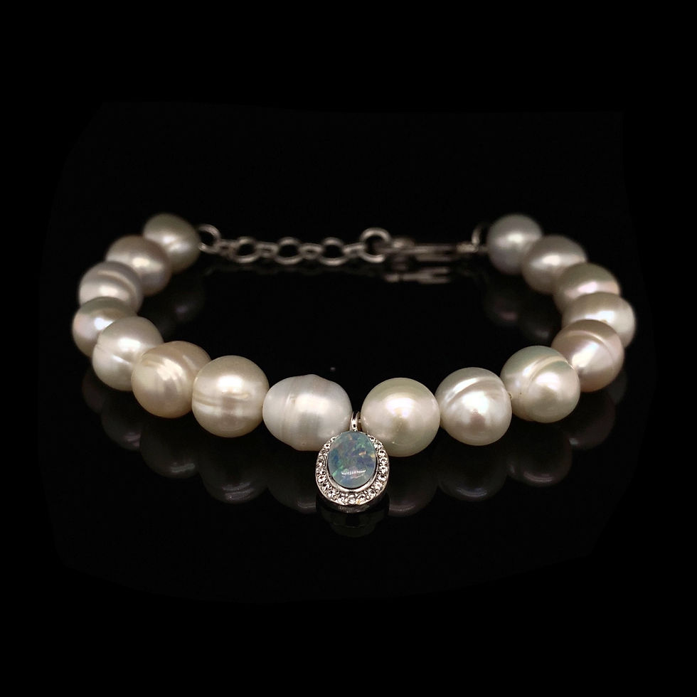 Fire Opal Diamond Halo Pendant Cream Freshwater Pearl Bracelet