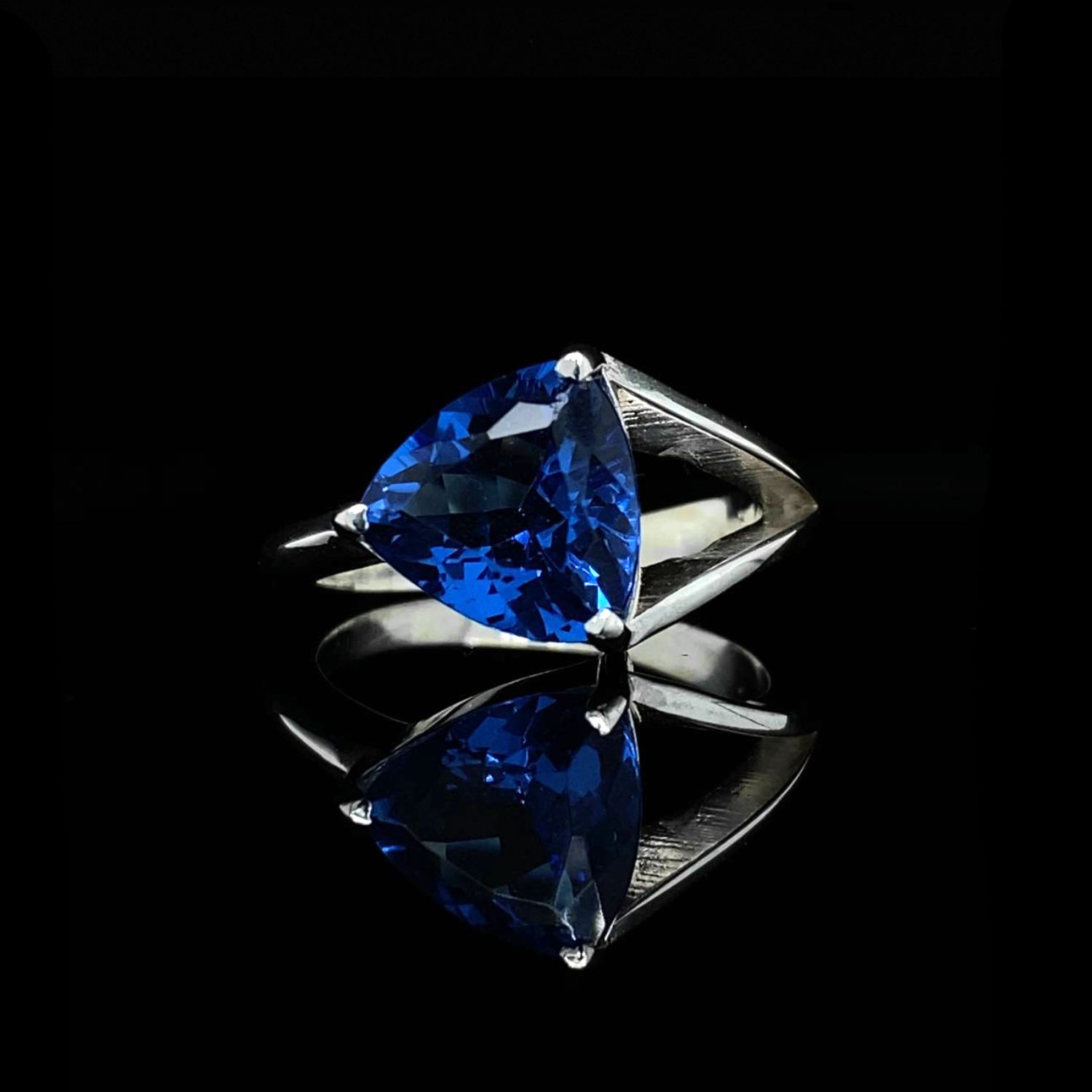 Trillion Cut Blue Moldavite Solitaire Engagement Ring in White Gold