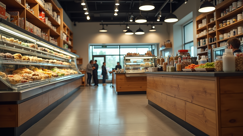 Eye-level view of a food service brokerage office with various food products displayed