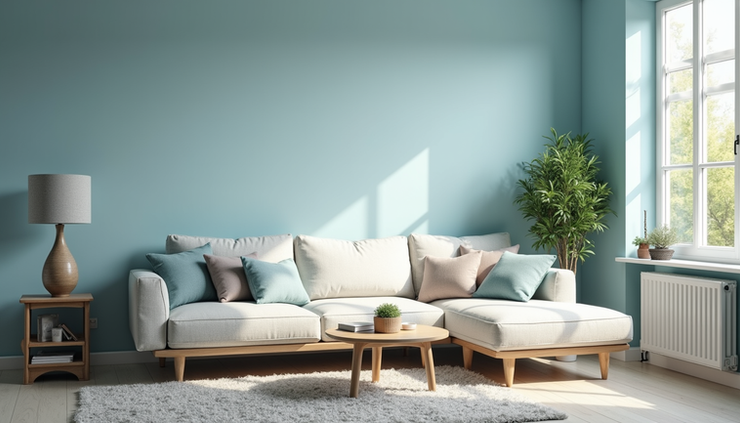 Eye-level view of a living room wall painted in soft blue with natural light streaming through a window