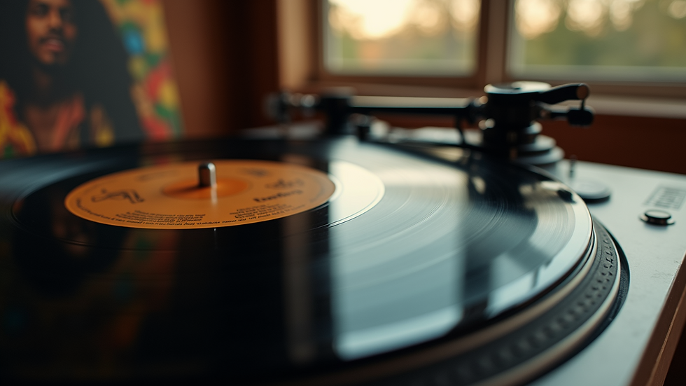 Close-up view of a vinyl record spinning on a turntable with reggae album cover