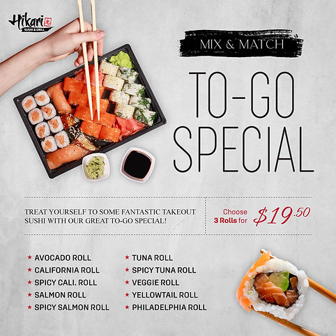Hikari Sushi & Grill in Frisco, TX 75033 Japanese Restaurant - Japanese food, Take out, Delivery, To go, Dog-friendly Patio, Omakase, Sushi, Nigiri, Maki Roll, Sashimi, Bento, Hibachi, Tempura, Teriyaki, Yakisoba, Yakiudon, Ramen, Gyoza, Udon, Don Katsu, Fried Rice, Salmon, Tuna, Sake, Vegetarian Roll