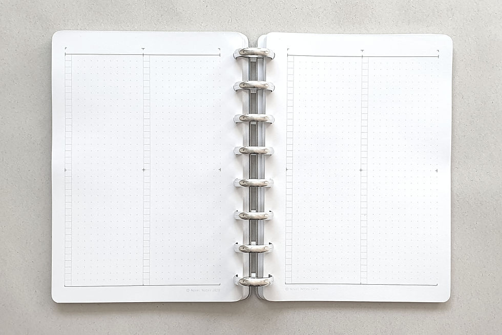 Novel Notes' Plans - A5 planner with 32mm discs, open to a spread with 'Blocks' list-making sheets