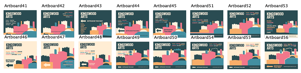 Layout design options for Kingswood Arts signage, presented as artboards in digital design software, numbered 41 to 55