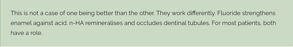 Clinical note in green box: Fluoride and n-HA work differently — fluoride strengthens enamel against acid, n-HA remineralises and occludes dentinal tubules. For most patients, both have a role.