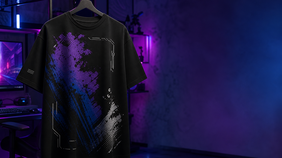 Streetwear T-Shirt neben einem modernen Gaming-Setup