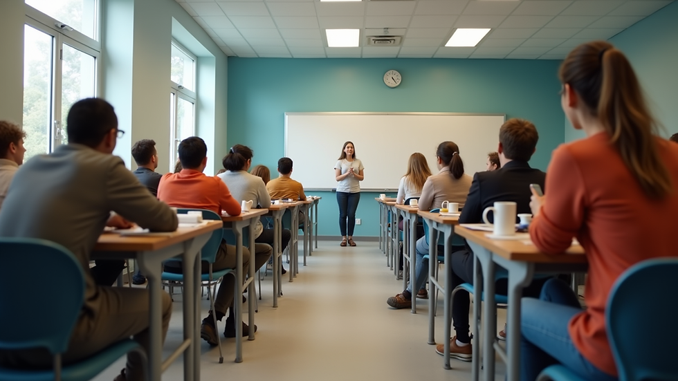 Eye-level view of a community center classroom with people learning about finances