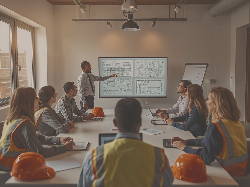 A confident, diverse group of construction contractors and professionals gathered around a