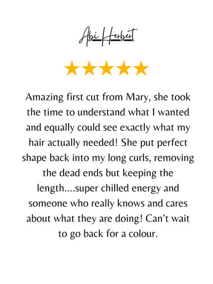 "A delighted client testimonial raving about their experience with Mary G, an award-winning hairdresser in Wolverhampton. They express how thrilled they are with their hair transformation, praising Mary’s expertise, attentiveness, and ability to create the perfect look.