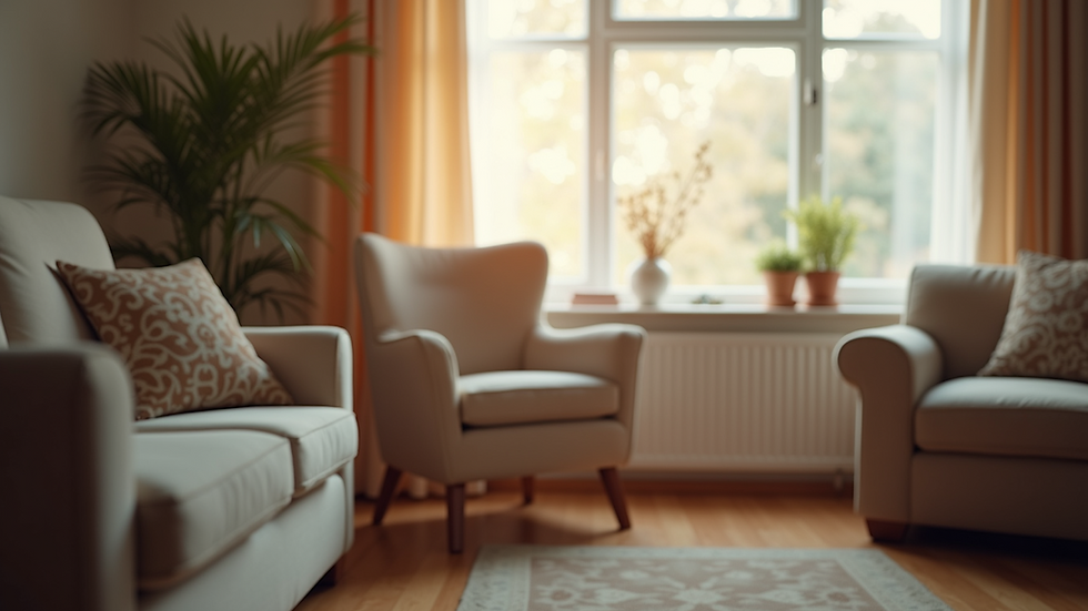 Eye-level view of a cozy living room with a comfortable armchair and soft lighting, creating a calm atmosphere for elderly mental health care
