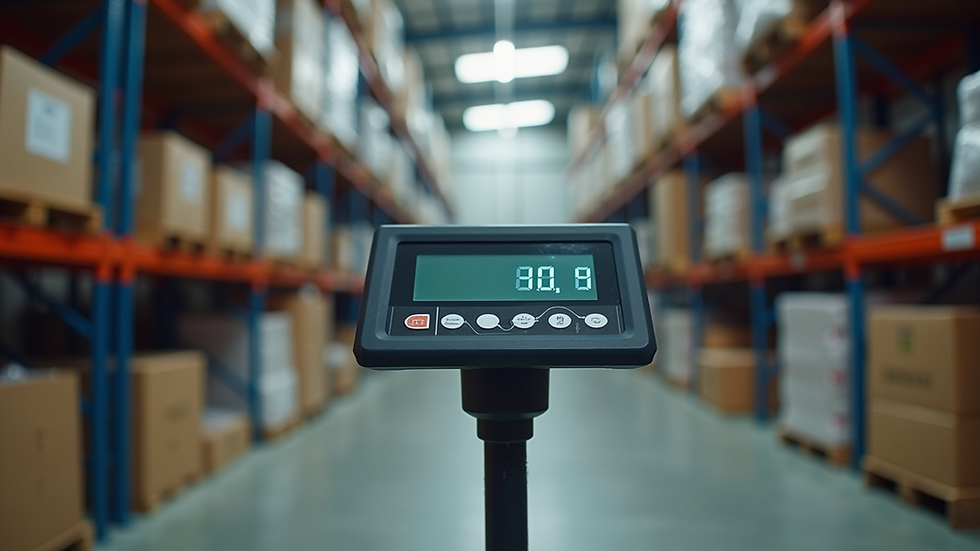 Eye-level view of industrial digital weighing scale in a warehouse