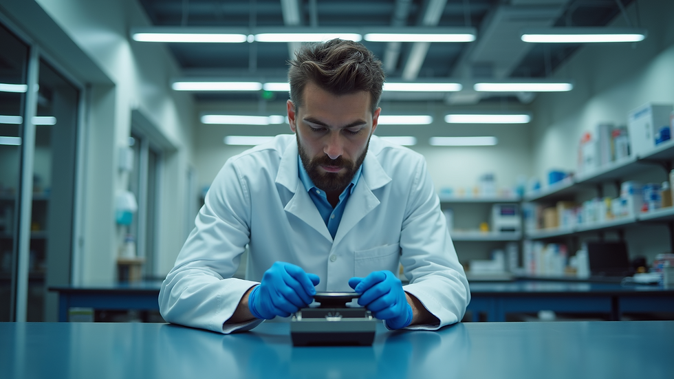 Eye-level view of a technician inspecting a precision weighing balance in a laboratory