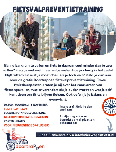 Op 13 november organiseren wij weer een bijeenkomst van Doortrappen -> voorkom vallen met de fiets