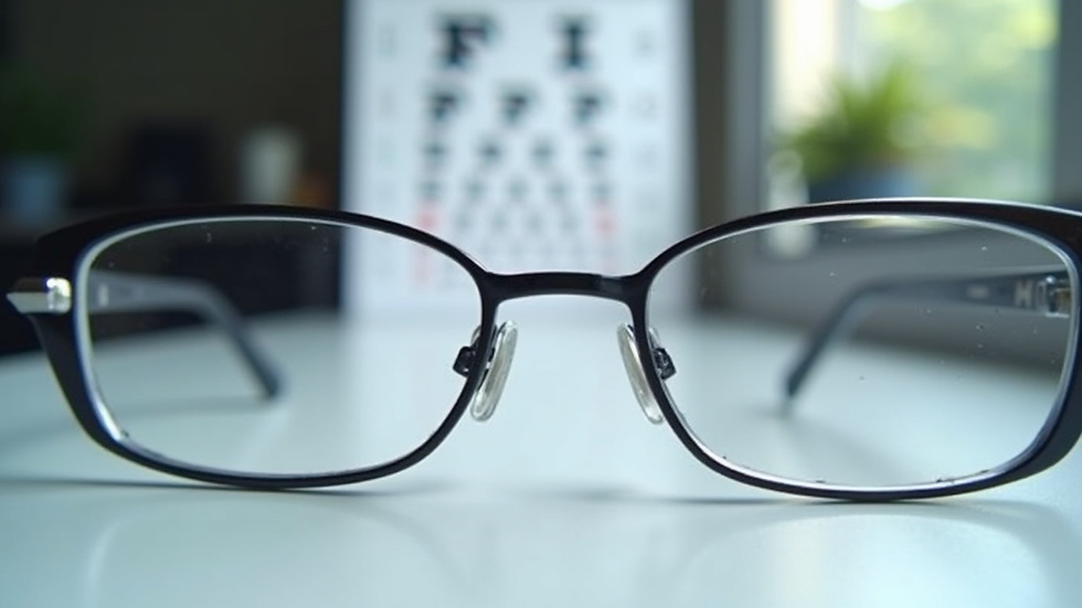Close-up view of eyeglasses on a table with eye chart in background