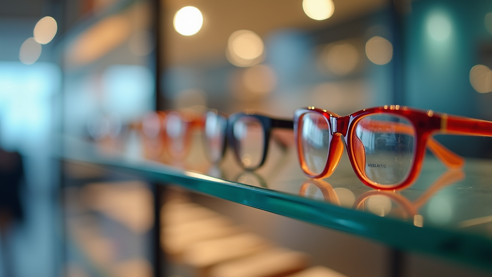 Close-up view of colorful modern eyeglass frames on display