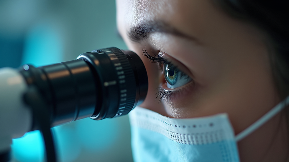 Eye-level view of ophthalmologist examining eye with slit lamp
