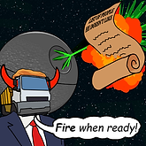Donald Dump with Devil horns ordering a Death Star to "FIRE When Ready" on a scroll with a list of people he doesn't like.