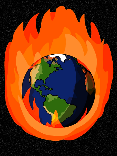 The planet Earth surrounded by a cartoonish flame as though it was on fire.
