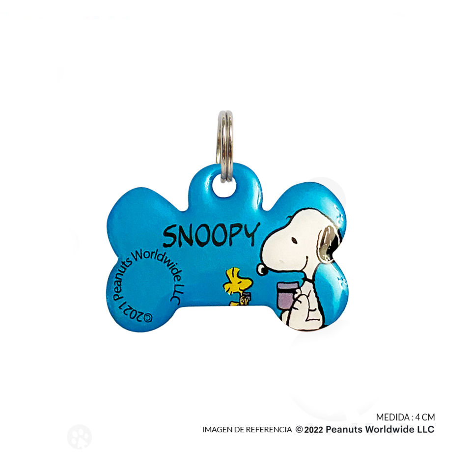 Placa de Identificación en forma de hueso color celeste Snoopy #29 (4 cm)