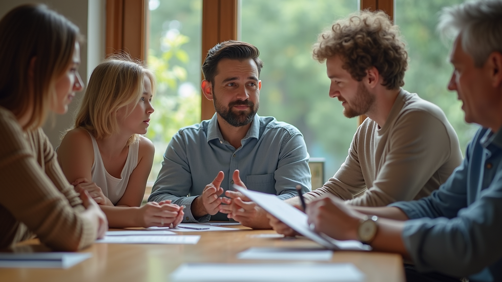 Eye-level view of a family sitting together at a table during a coaching session