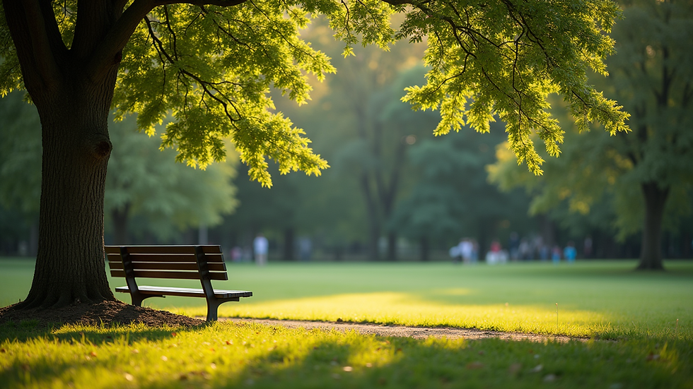 Eye-level view of a serene park with a bench under a tree
