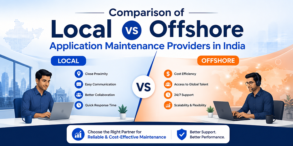 Comparison of local vs offshore application maintenance providers in India banner showing enterprise application development and enterprise mobile application development company services, highlighting Enterprise Mobile App Development benefits like cost efficiency, scalability, and fast support with a professional split-layout design.