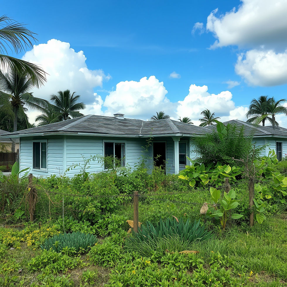 Eye-level view of an abandoned house with overgrown weeds spreading into neighboring yards