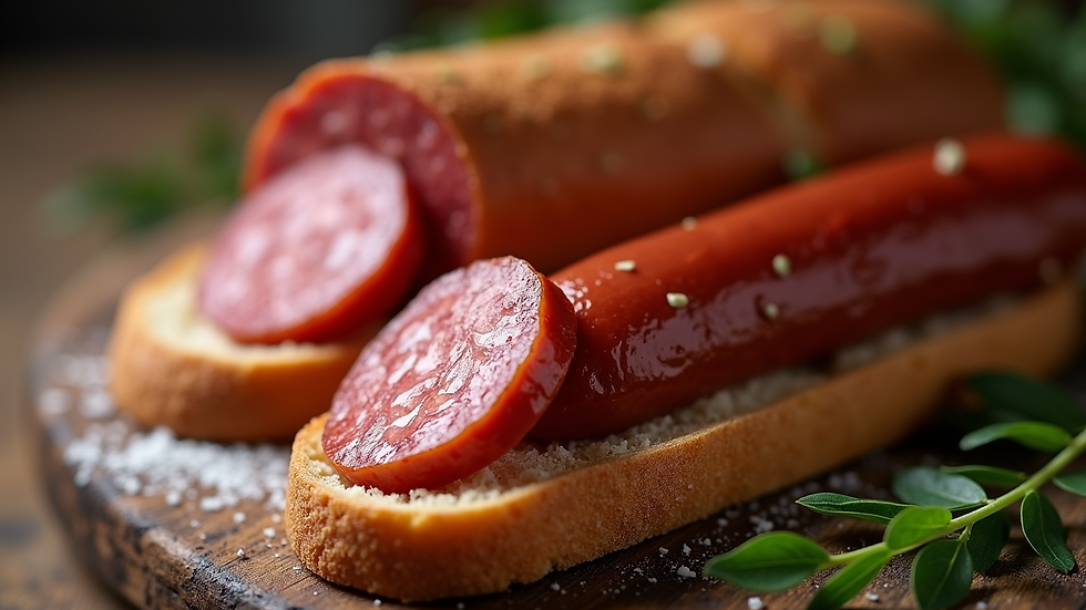 Close-up view of a traditional Menorcan sobrasada sausage on rustic bread
