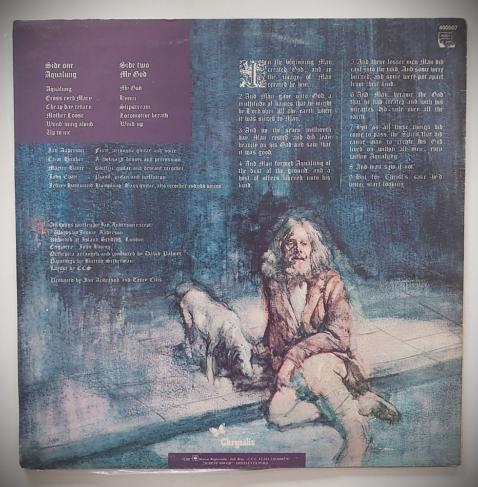 Contracapa do álbum Aqualung contendo repertório e créditos da edição em vinil.