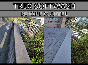 Before and after softwashing results on composite decking showing removal of mildew and organic buildup