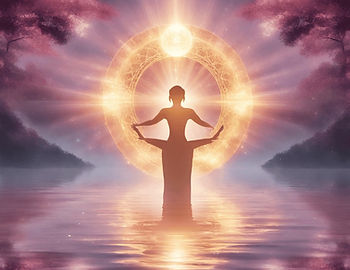 rays of light filtering down on a silhouette of a person against a purple backdrop of water and healing energy