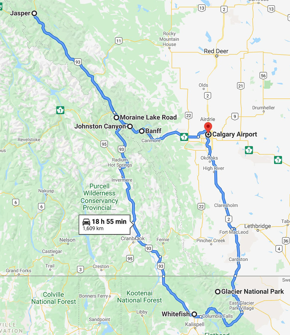 Canada Icefields Parkway Road Trip Map