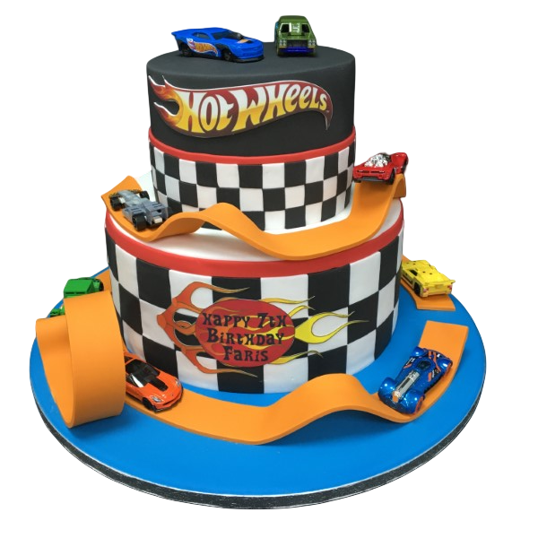 Vibrant and colourful Hot Wheels themed cake with intricate car design, perfect for a birthday celebration or car enthusiast party.