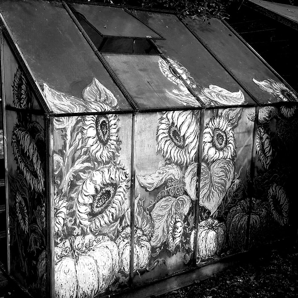 Mural painting with sunflowers and pumpkins on garden shed icon