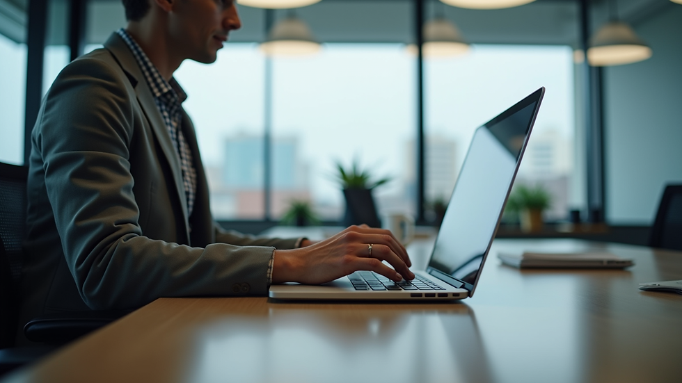 Eye-level view of a modern office with a person working on a laptop