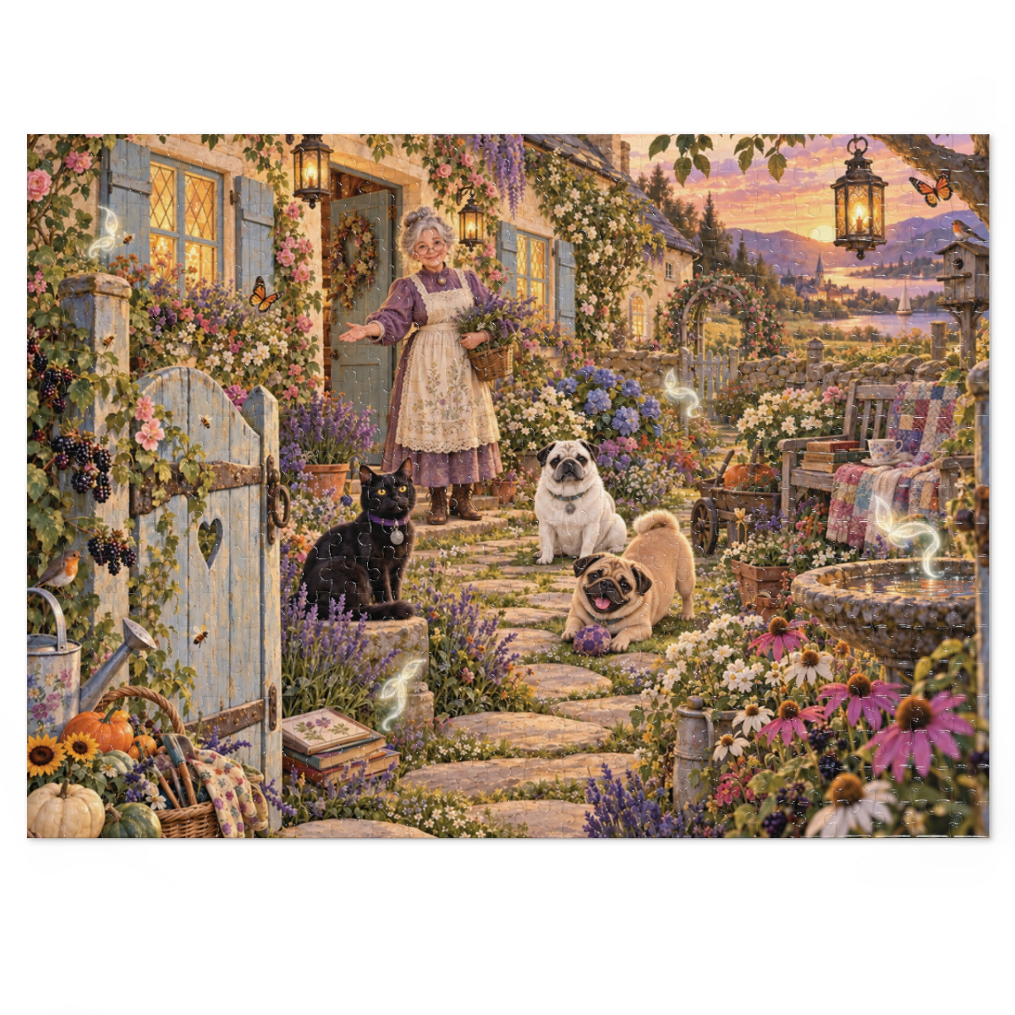 Grandma's Cottage Garden Puzzle Jigsaw Puzzle with Tin | Dogs, Flowers, Scenic