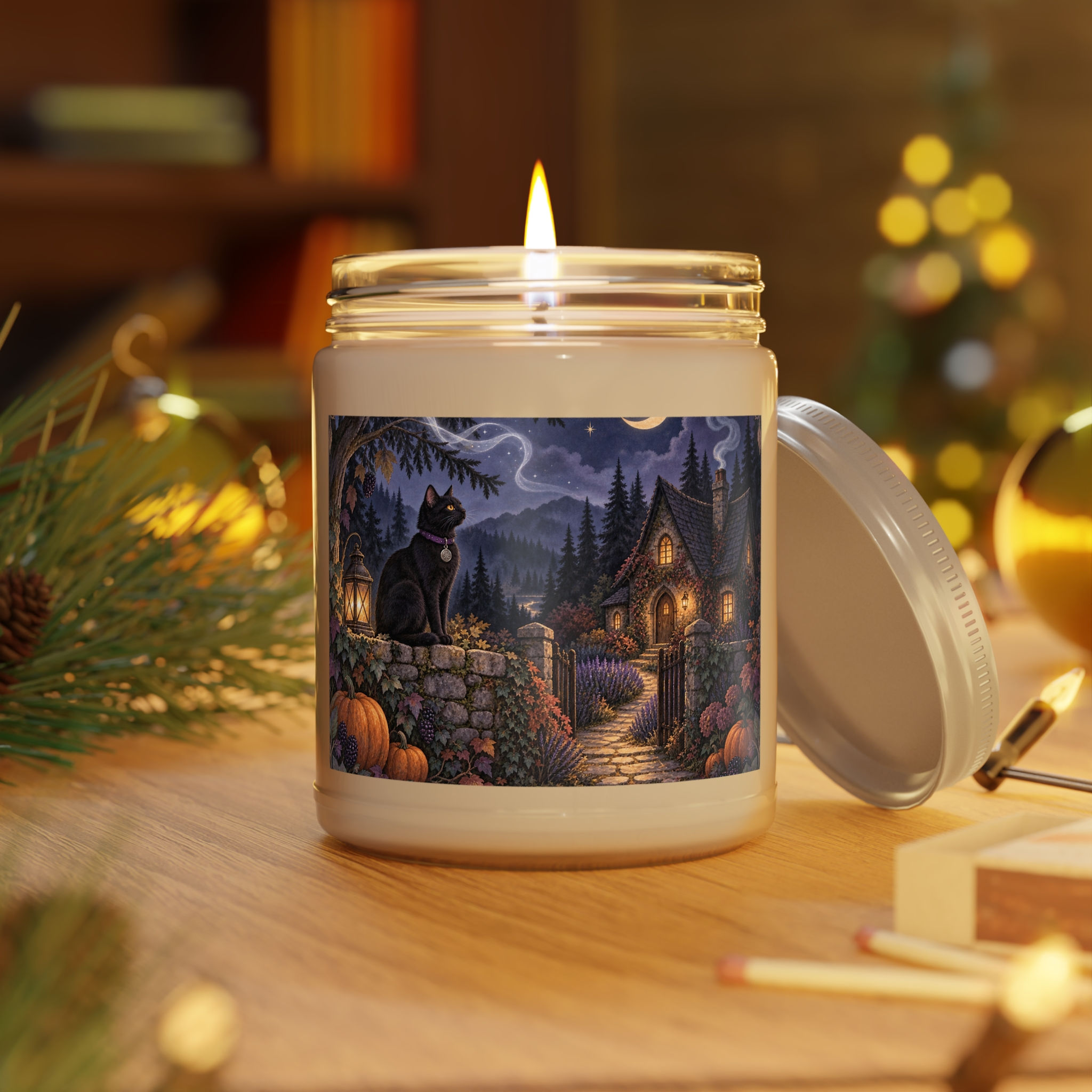 Black Cat Cottage Halloween Candle | 9oz Soy Candle with White Lid
