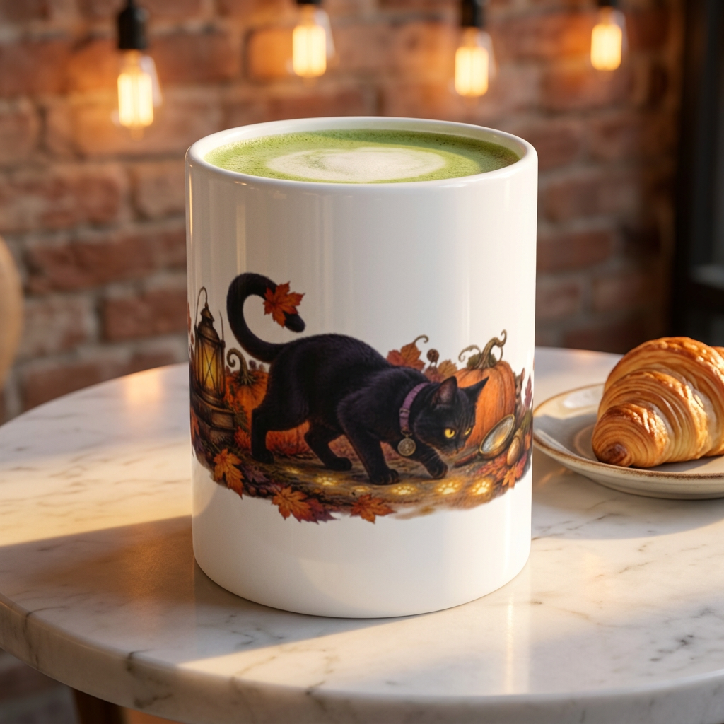 Black Cat and Pumpkins Mug | Halloween Autumn Leaves Lantern