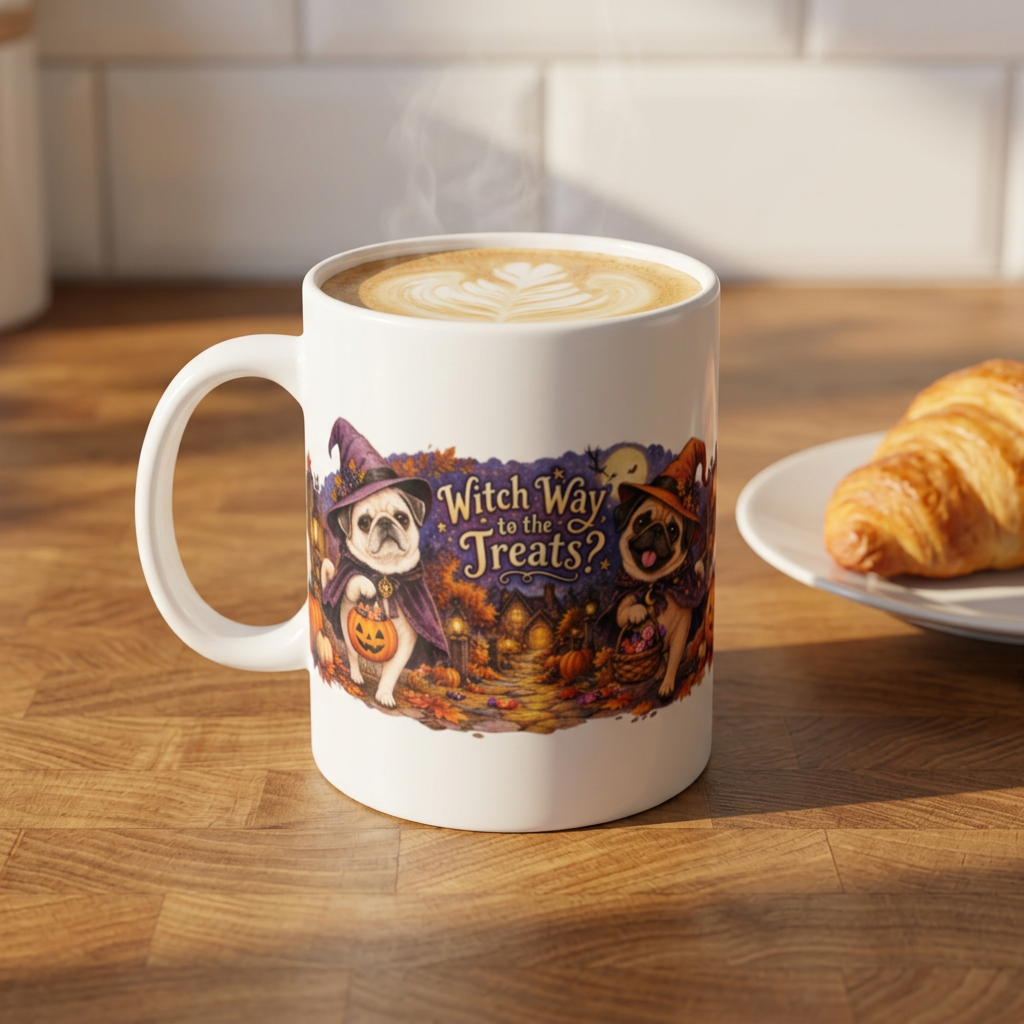 Witch Way to the Treats? Mug | Halloween Pug Dogs, Pumpkins & Leaves