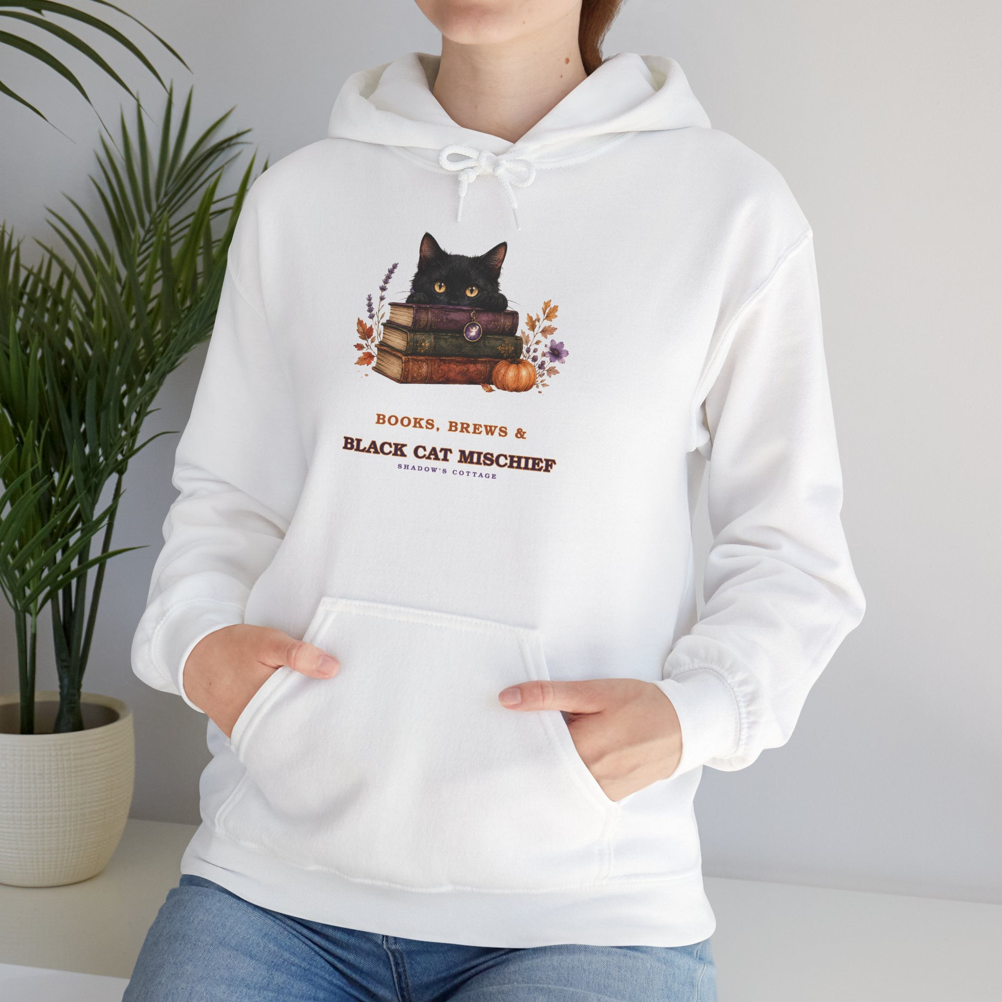 Black Cat Mischief Hoodie | Halloween Cat, Stacked Books, Autumn Leaves