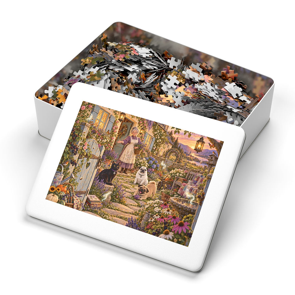 Thumbnail: Grandma's Cottage Garden Puzzle Jigsaw Puzzle with Tin | Dogs, Flowers, Scenic