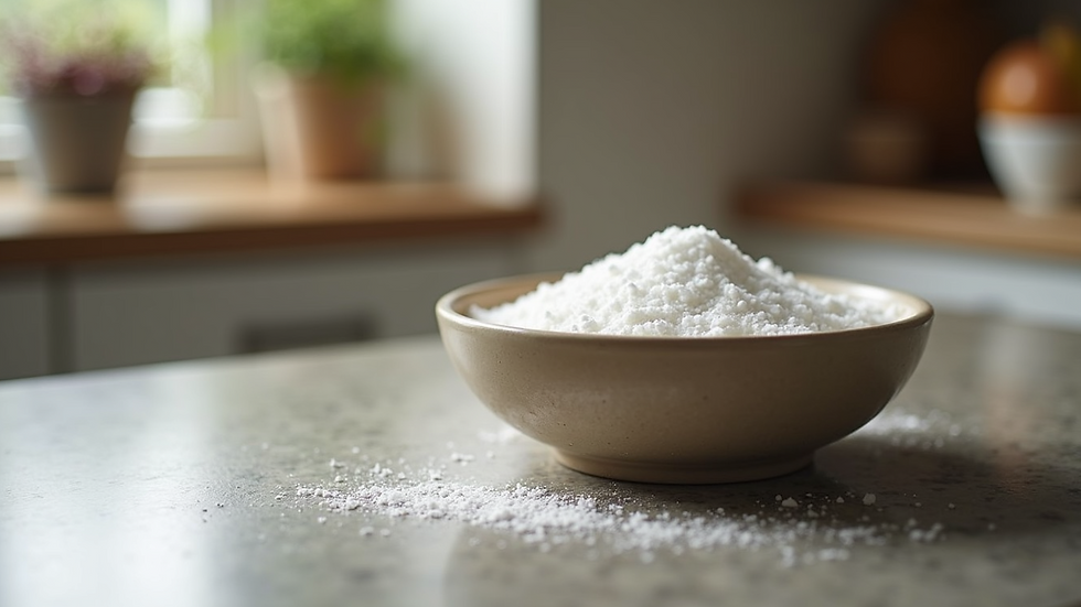 Close-up view of a bowl with baking soda on a kitchen counter