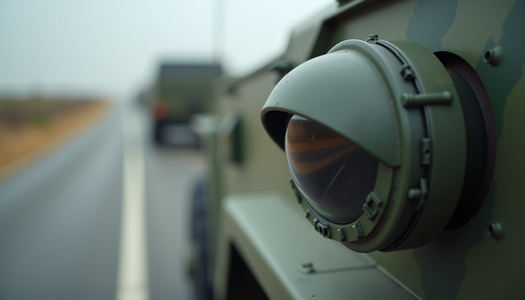 Close-up view of a sensor device mounted on a military vehicle for route condition monitoring