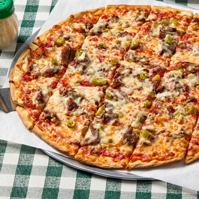 pizza with italian beef and hot giardiniera toppings