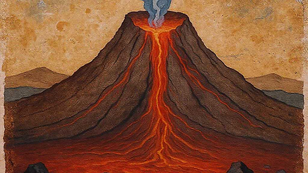 Illustration of an erupting volcano with flowing red lava and dark smoke against a brownish backdrop, creating a dramatic scene.