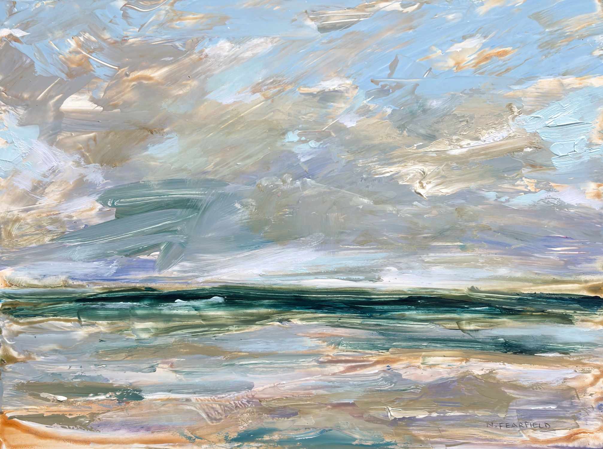 expressive beach and seascape paintings in muted colour palettes by Nicole Fearfield
