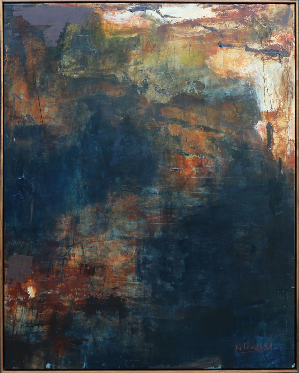 Thumbnail: Extra large abstract painting Cliff Jumping by Nicole Fearfield, in dark earth tones