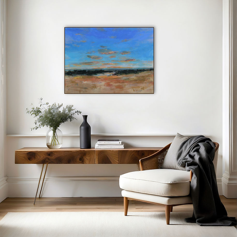 Thumbnail: expressive landscape painting feature vast sky with setting sun, in contemporary interior design room