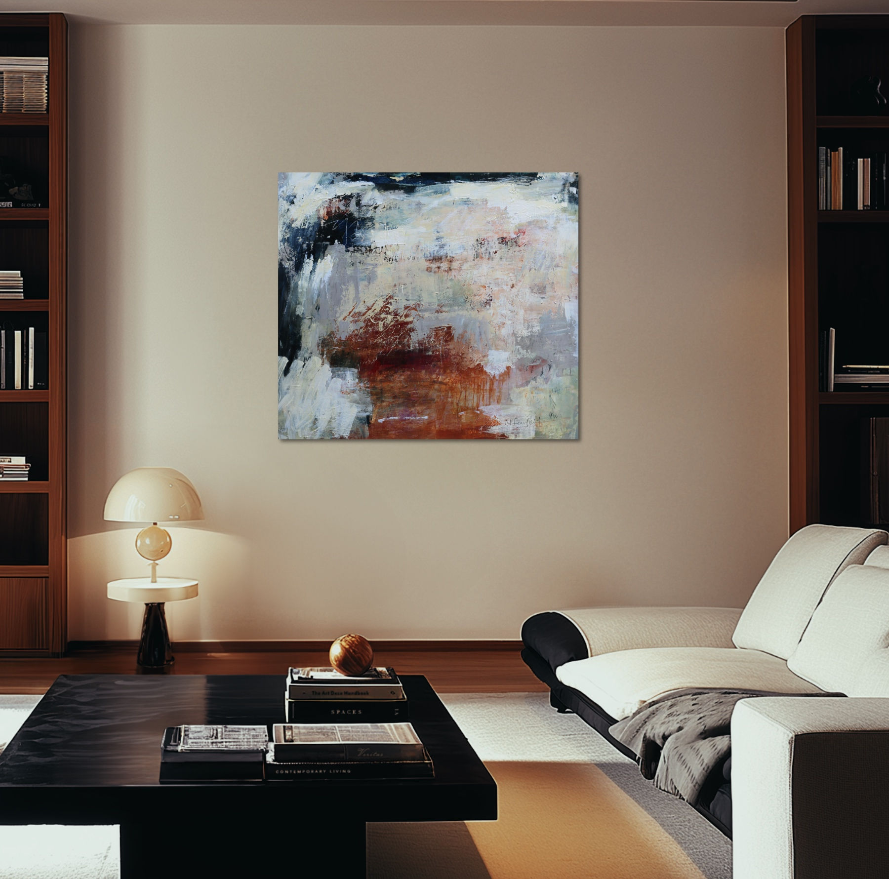 Large abstract art by Nicole Fearfield, monochrome paintings for new and renovated interiors
